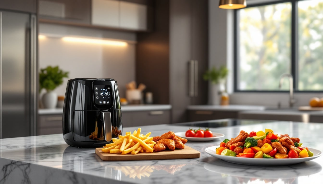 Friteuse à air moderne avec plats appétissants.