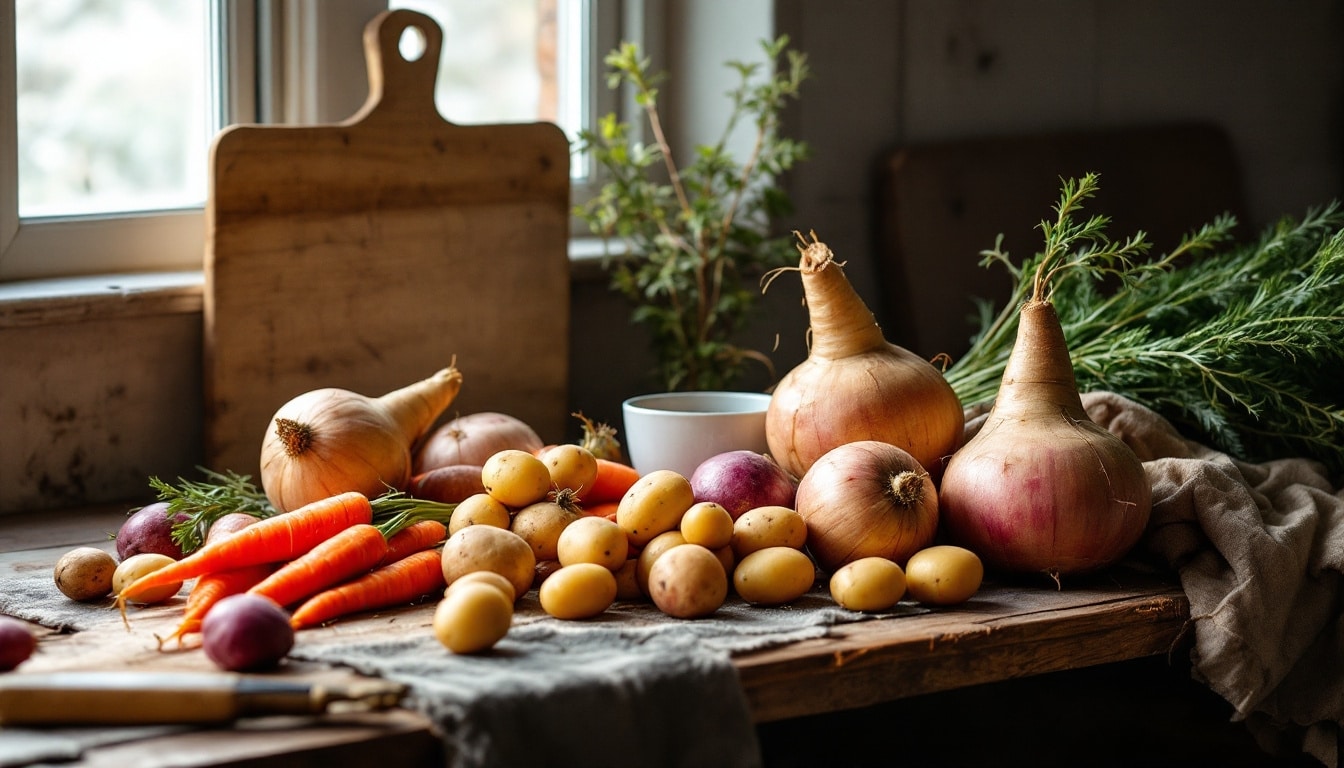 Légumes frais sur une table en bois près fenêtre.