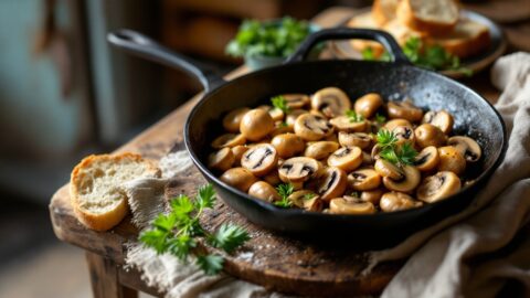Champignons sautés dans poêle avec garniture verte.