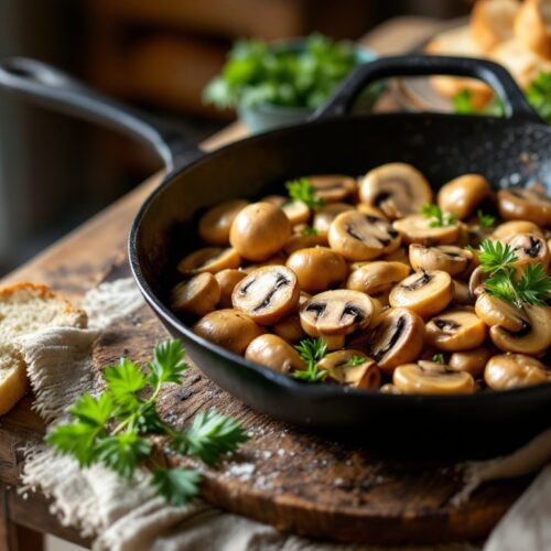 Champignons sautés dans poêle avec garniture verte.