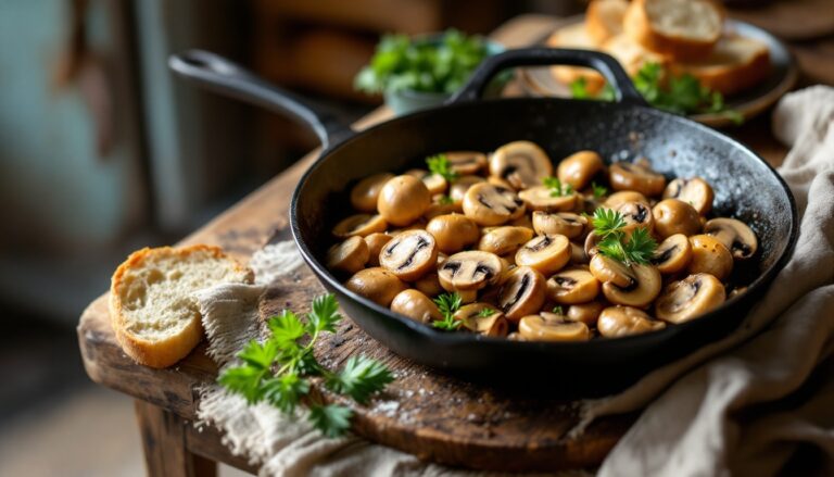 Champignons sautés dans poêle avec garniture verte.