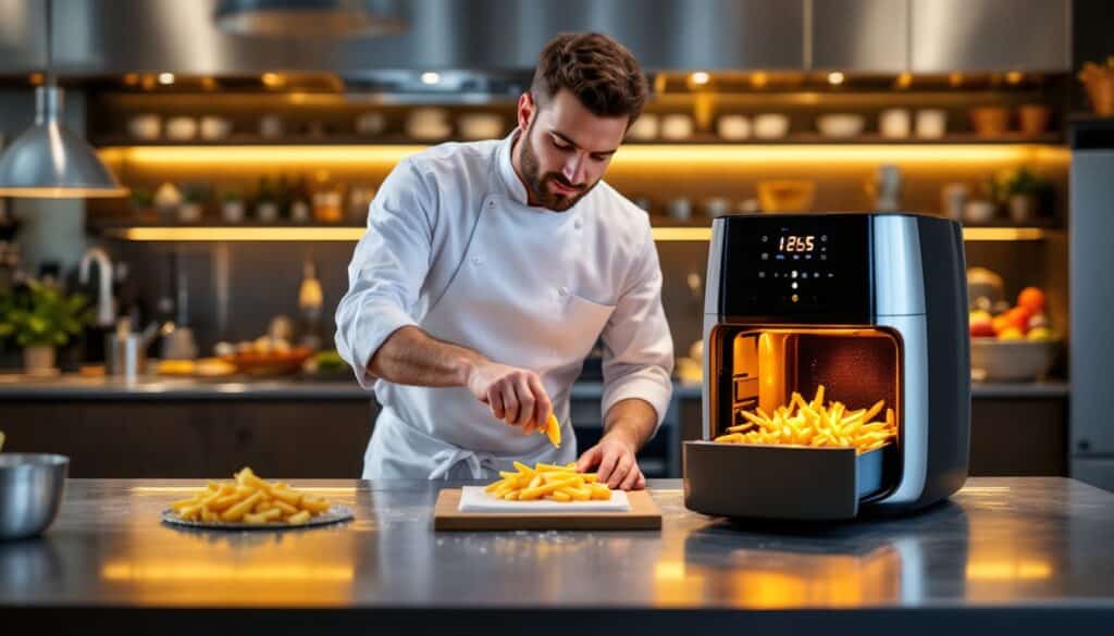 Chef préparant des frites avec une friteuse