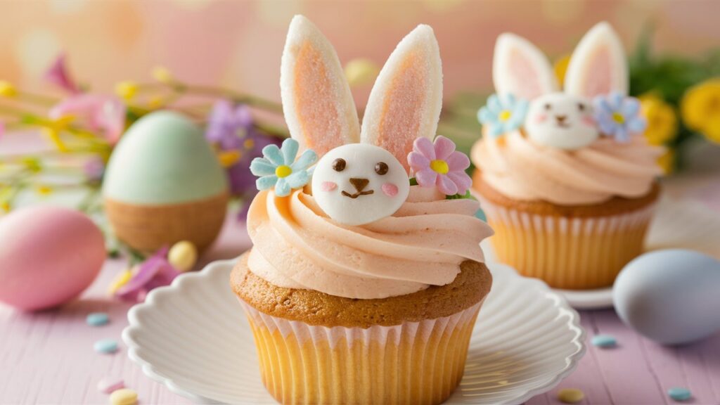 Cupcakes décorés en lapins, thème de Pâques.