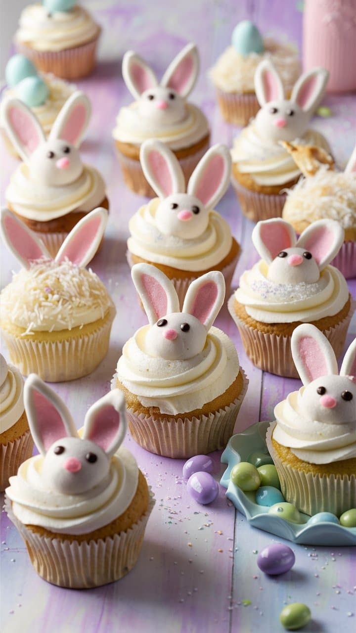 Cupcakes lapins avec glaçage vanille coloré