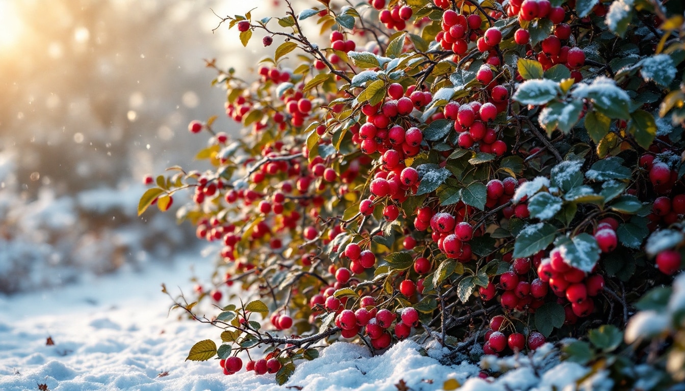 Buisson de baies rouges couvert de neige.