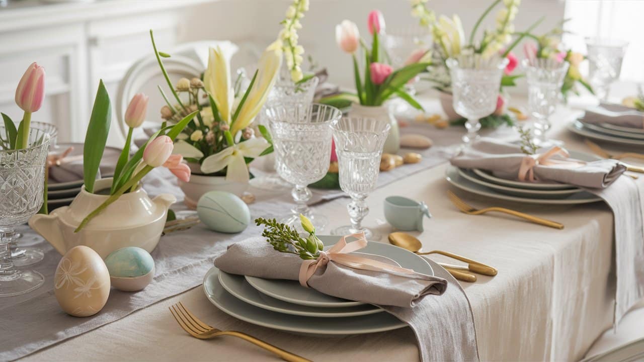 Table décorée avec fleurs et œufs de Pâques
