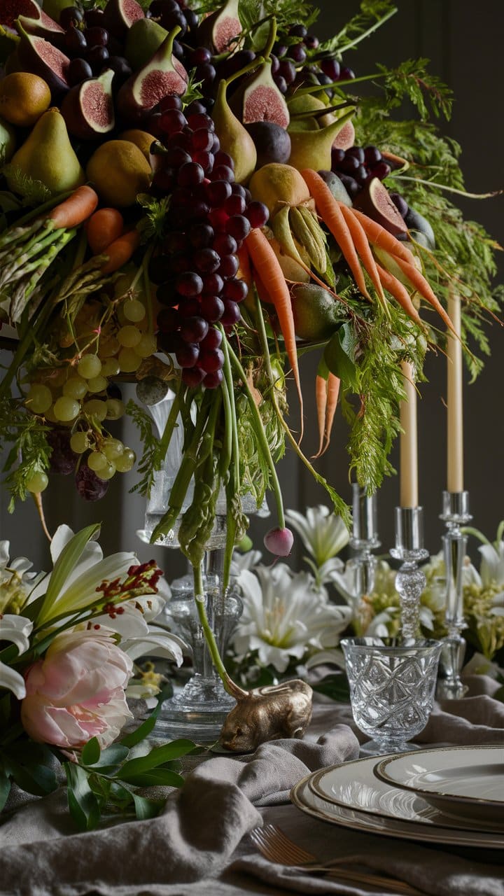 Table décorée avec fruits et fleurs élégants.