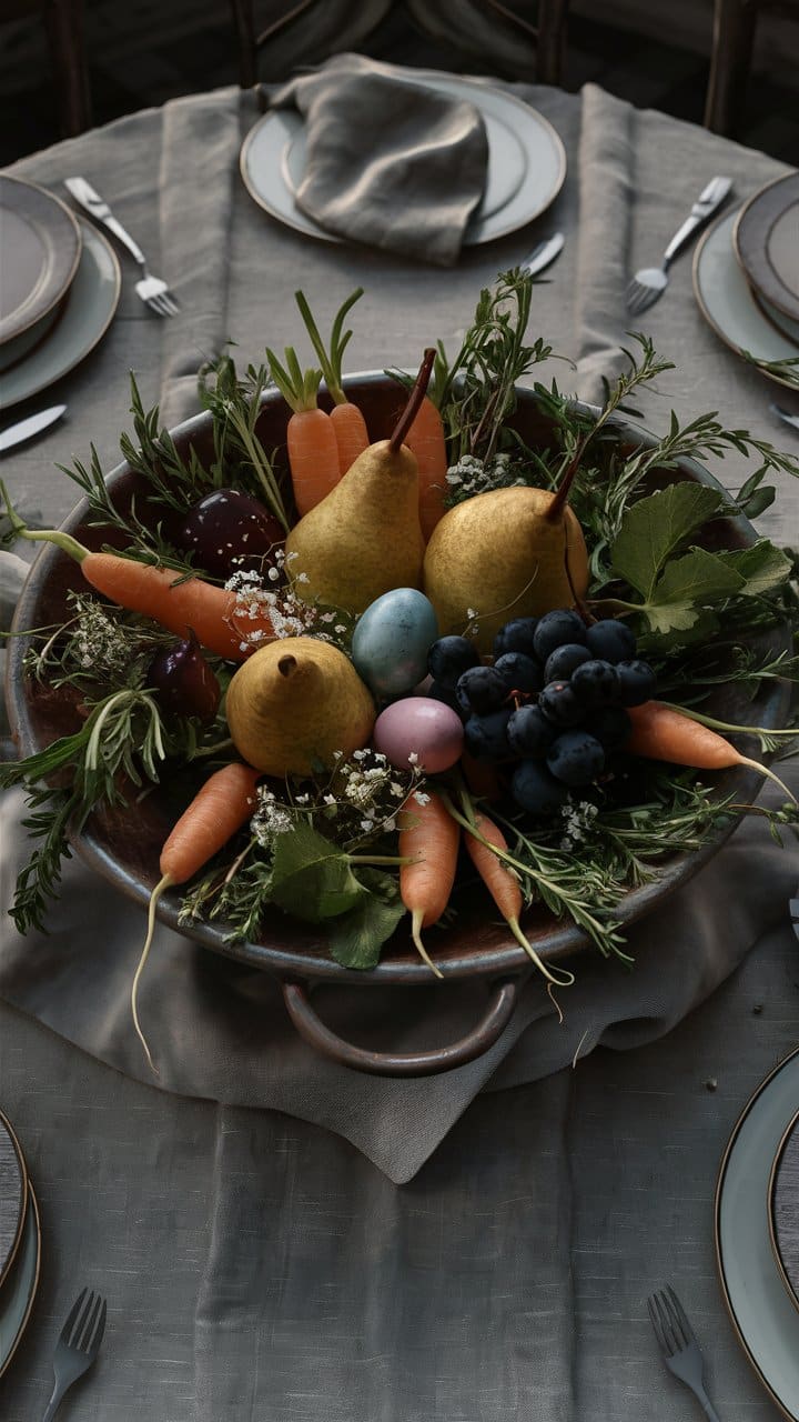 Panier automnal avec fruits et légumes sur table.