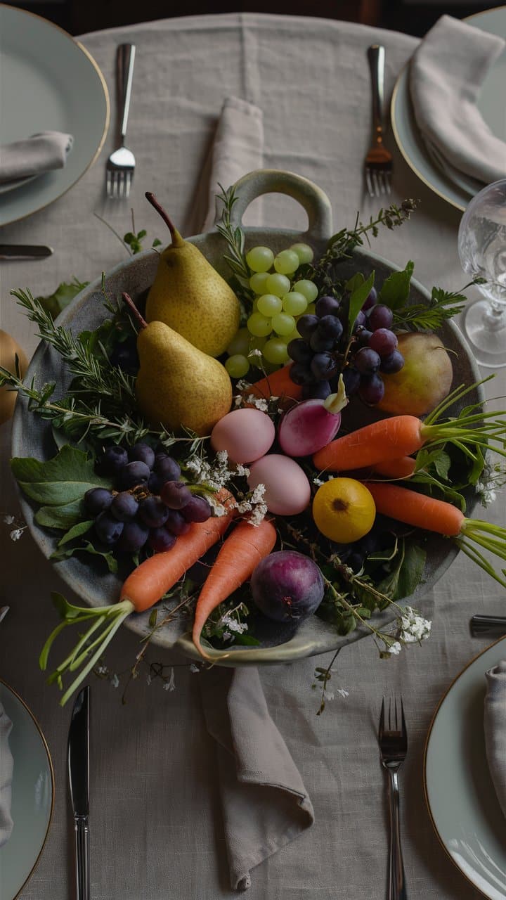 Panier de fruits et légumes sur table dressée.
