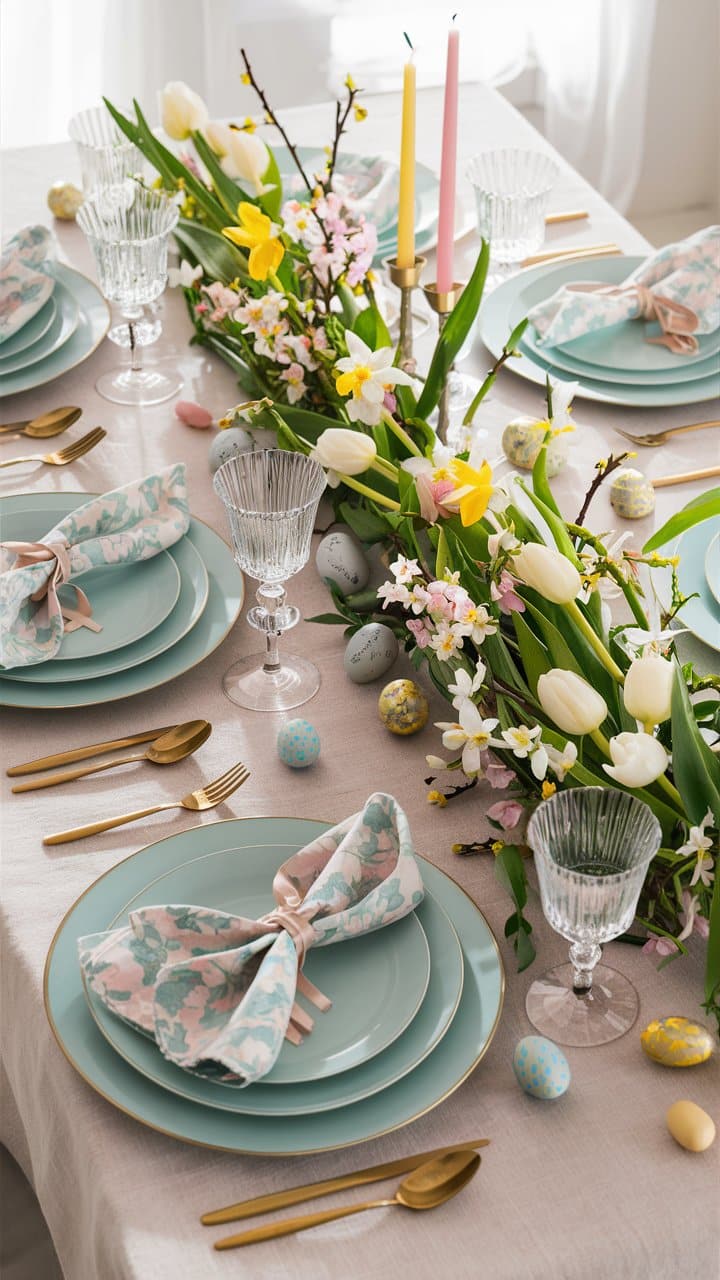 Table décorée pour Pâques avec fleurs et œufs colorés.