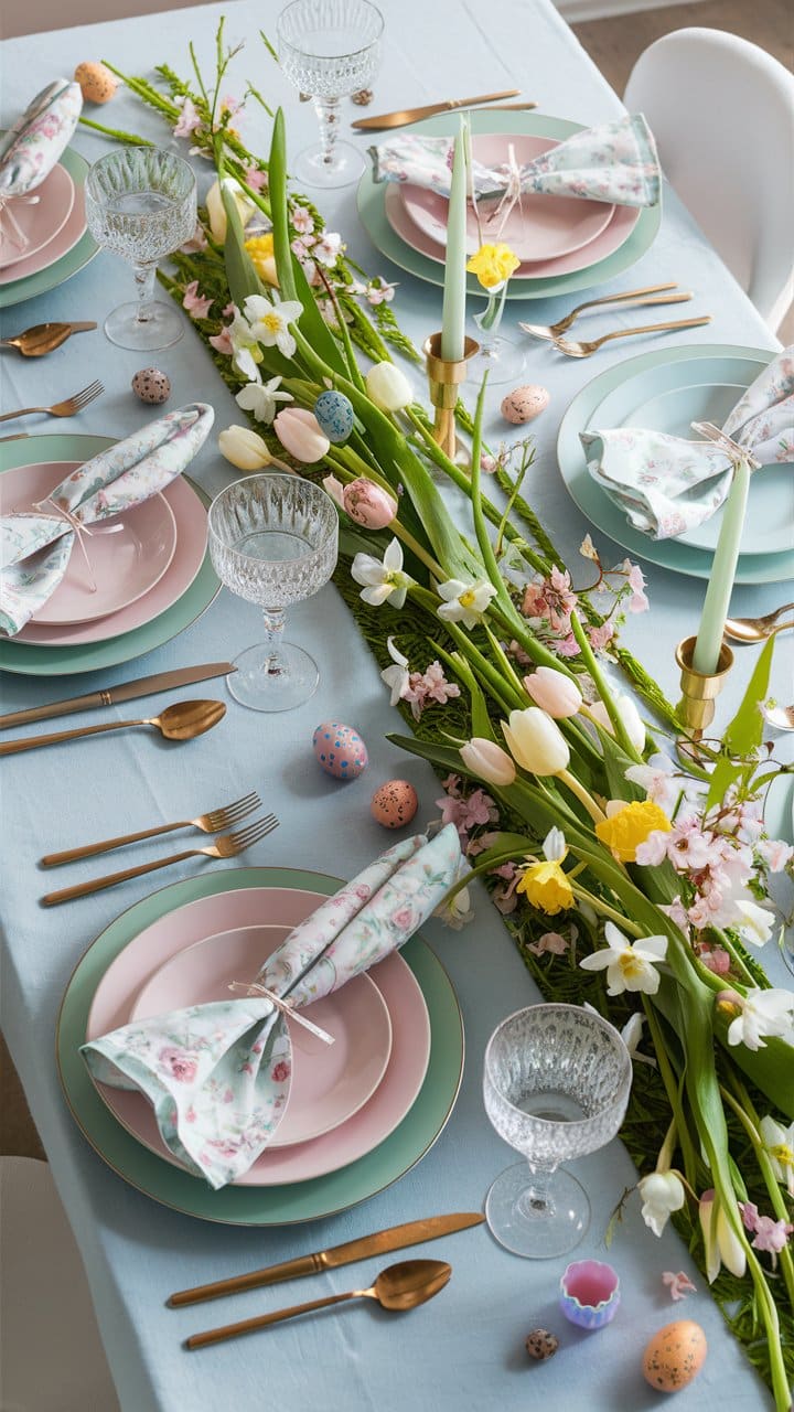 Table décorée de fleurs et œufs pour Pâques.