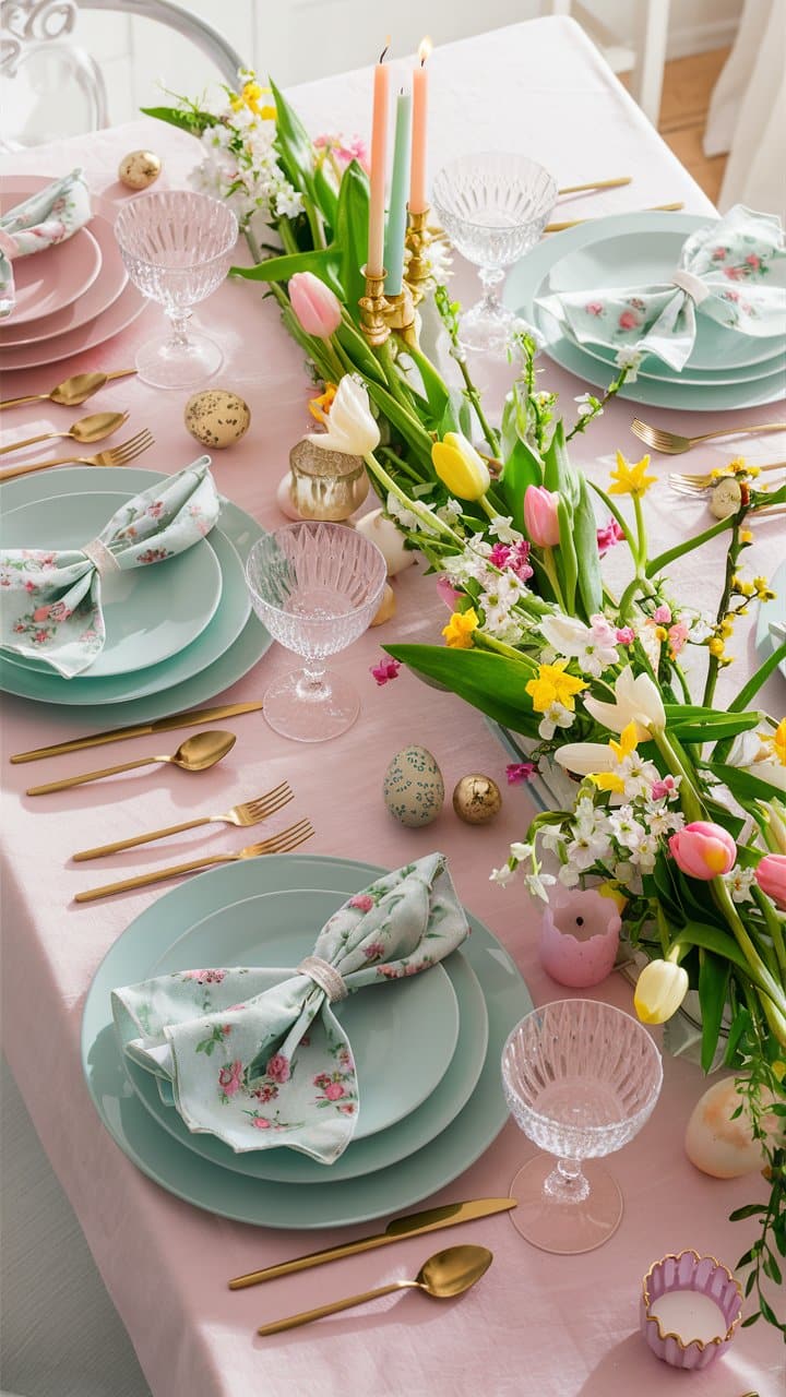 Table printanière décorée avec fleurs et bougies.