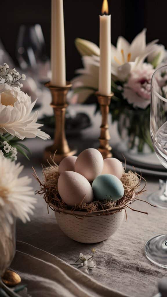 Table décorée avec œufs de Pâques et bougies.