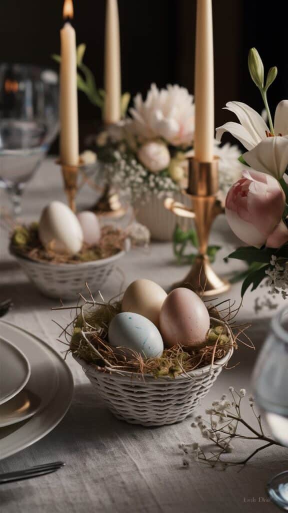 Table décorée avec œufs de Pâques et fleurs.