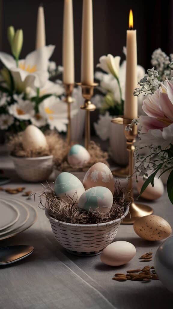 Table décorée, œufs de Pâques, fleurs blanches, bougies allumées.