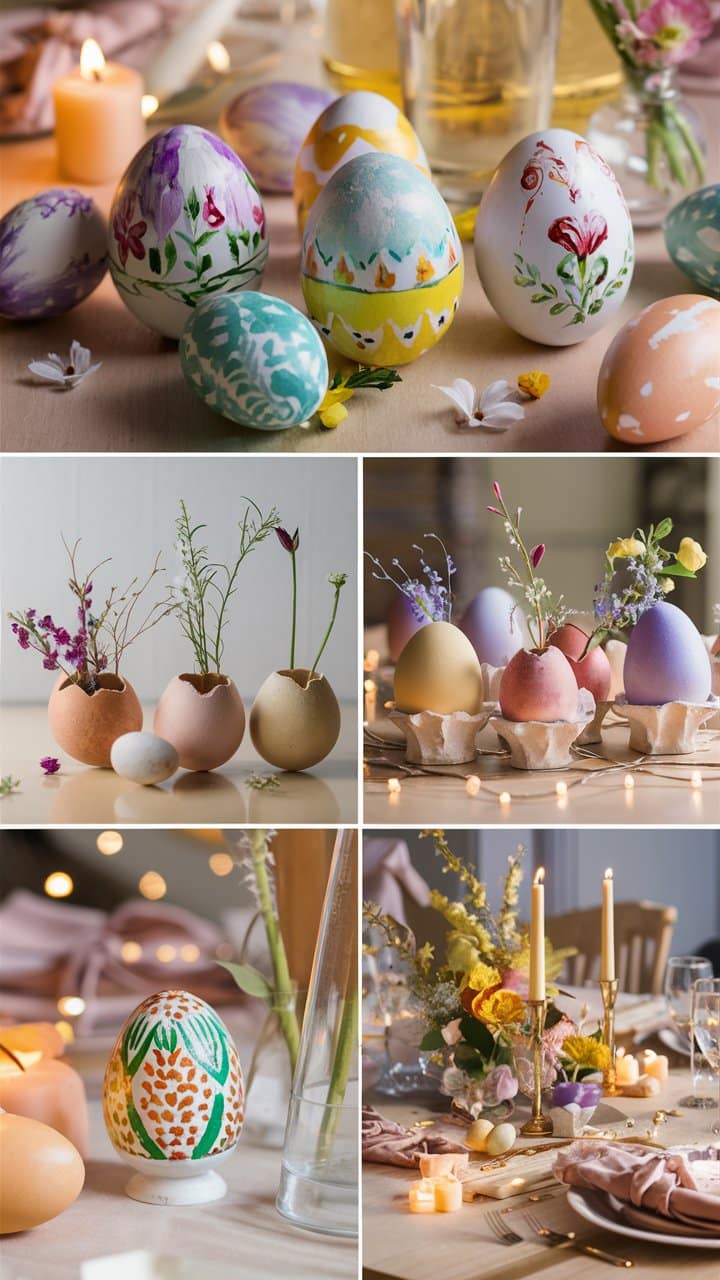 Œufs décorés et arrangements de fleurs sur table.