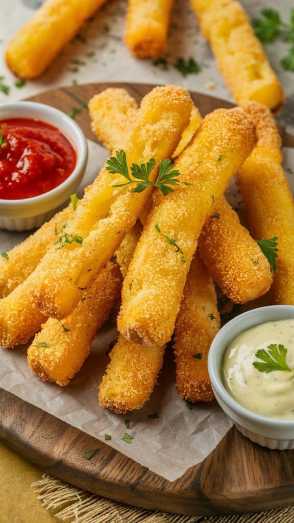 stick de mozarella avec sauces mayonnaise et ketchup.