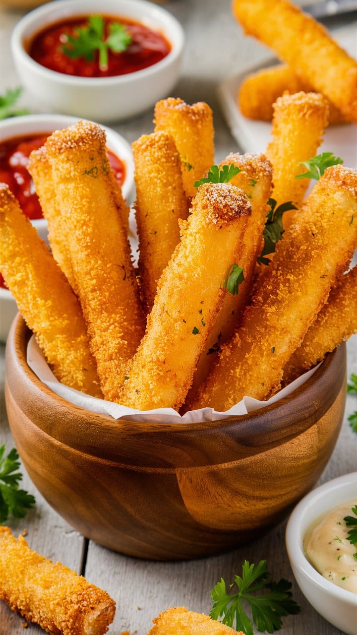 Frites de mozarella dorées, accompagnées de sauces maison.