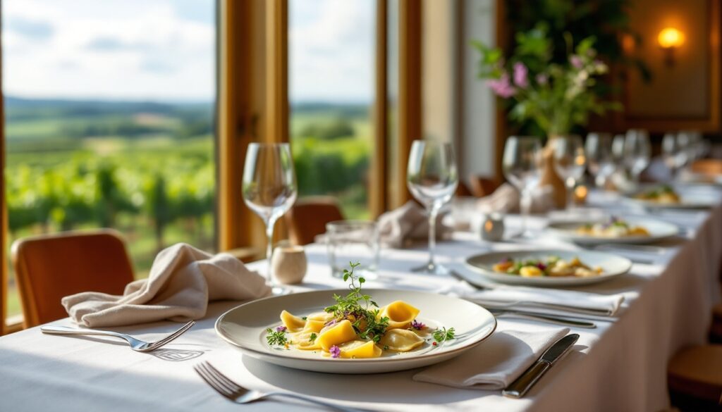 Table dressée avec vue sur vignoble.