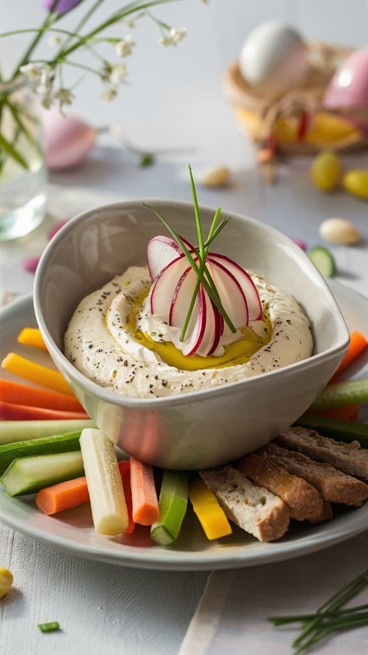 Assiette de légumes avec trempette au fromage blanc.