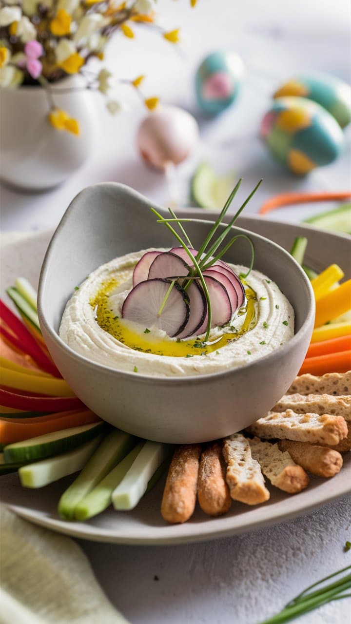 Assiette de houmous avec légumes et crackers.
