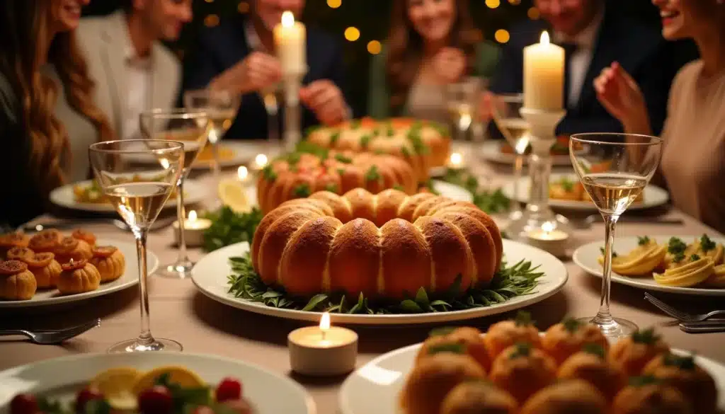 Dîner festif avec bougies et plats variés.