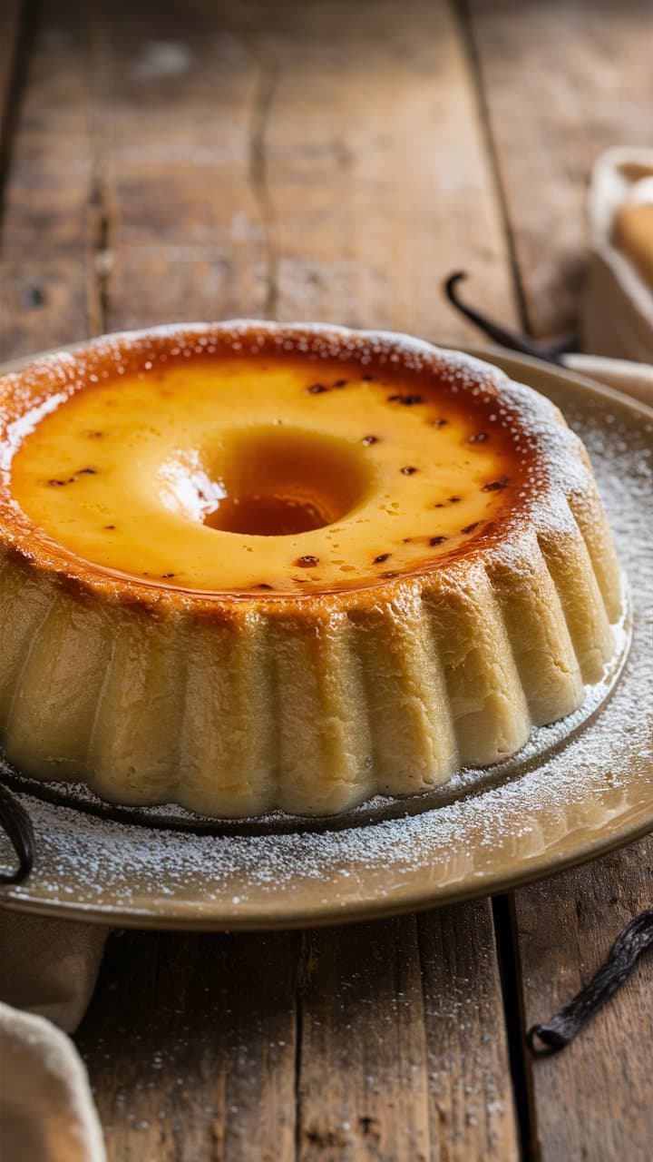 Flan vanille sur assiette en bois.