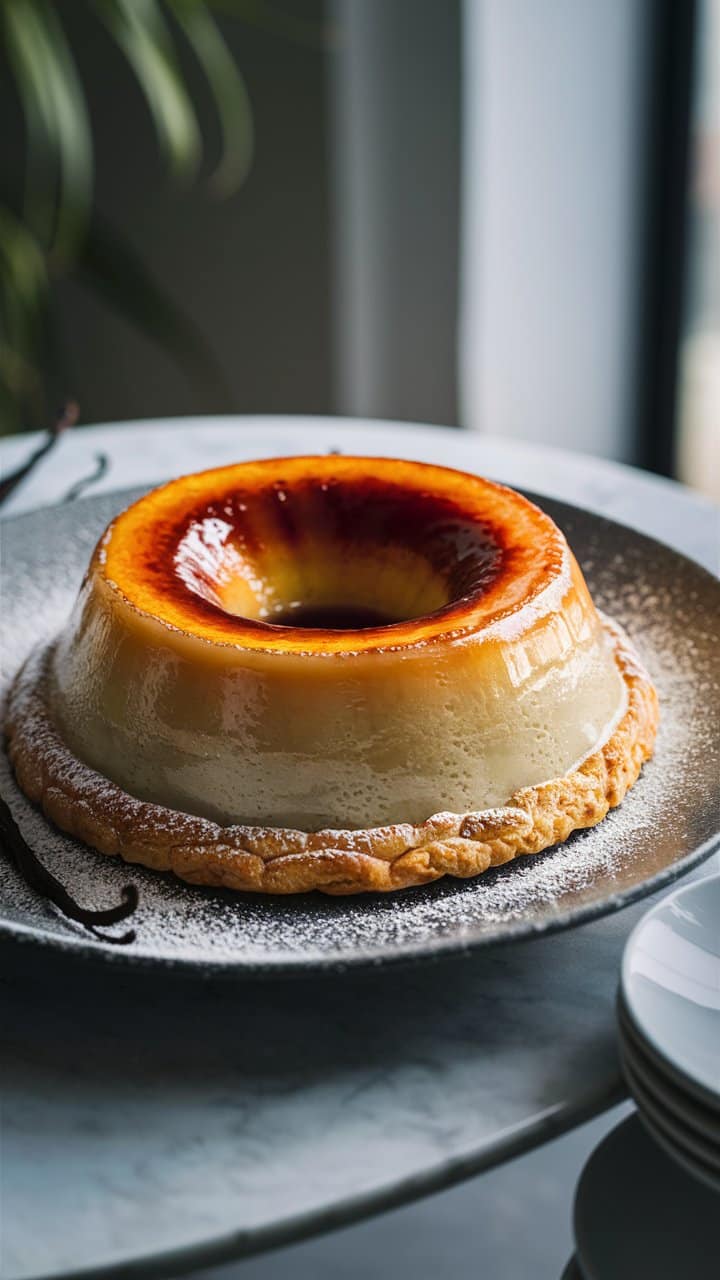 Flan dessert sur assiette, décoré de vanille.