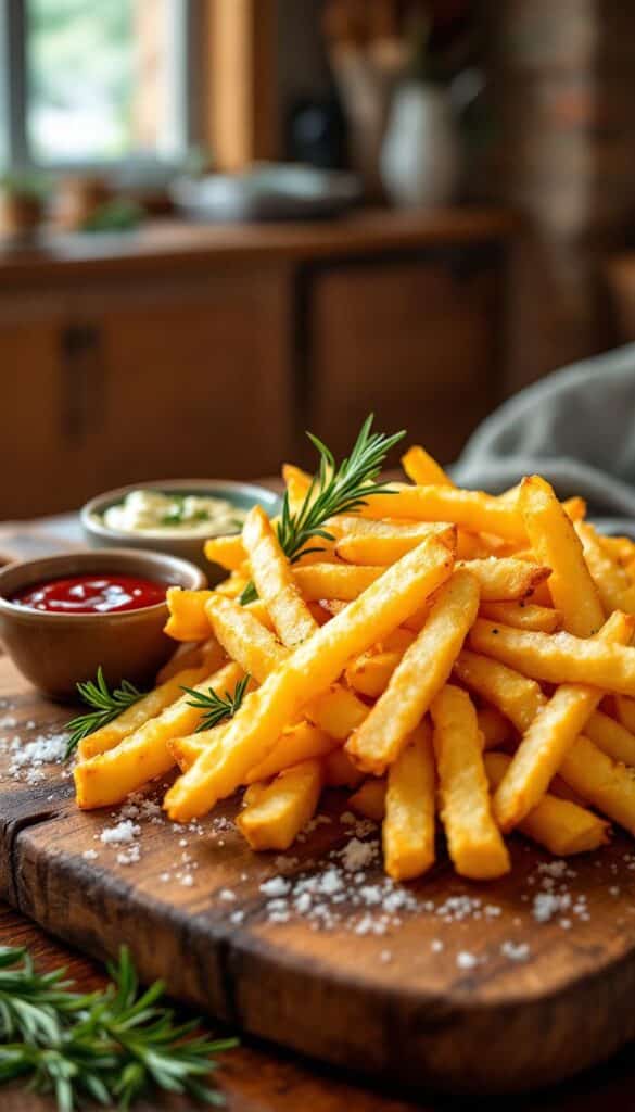 Frites dorées avec sauces et romarin.