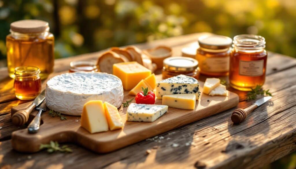 Plateau de fromages et pots de miel.