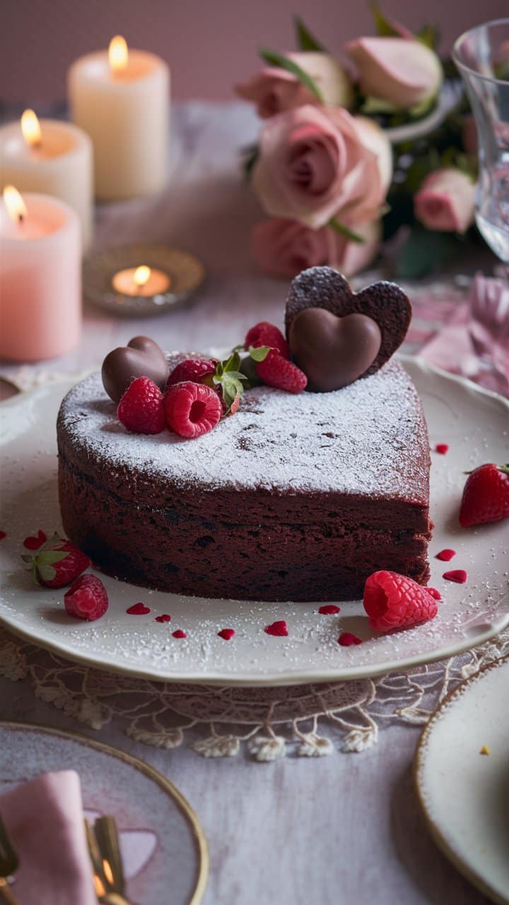 Gâteau chocolat cœur, framboises, décorations romantiques, bougies.