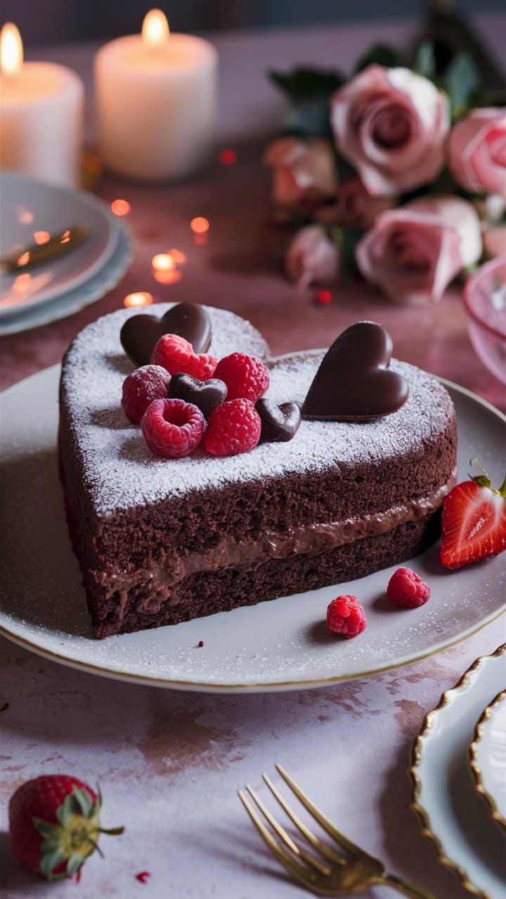 Gâteau chocolat cœur framboises, ambiance romantique.