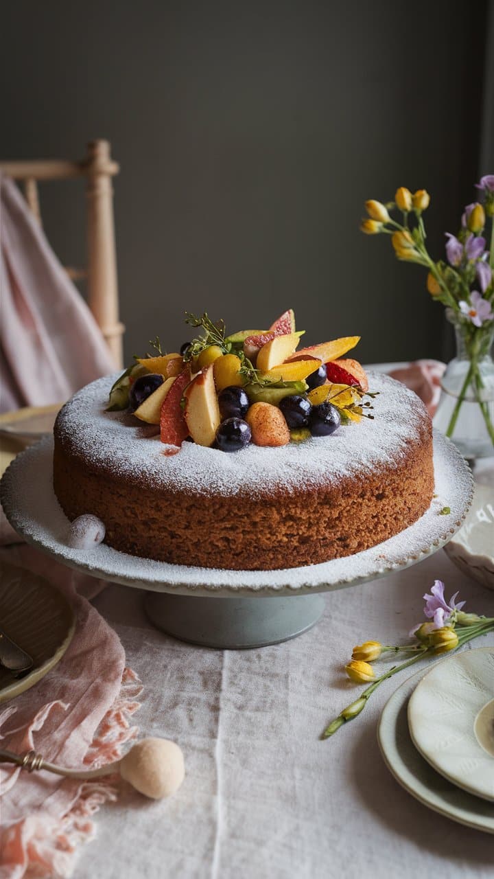 Gâteau décoré de fruits sur une table élégante.