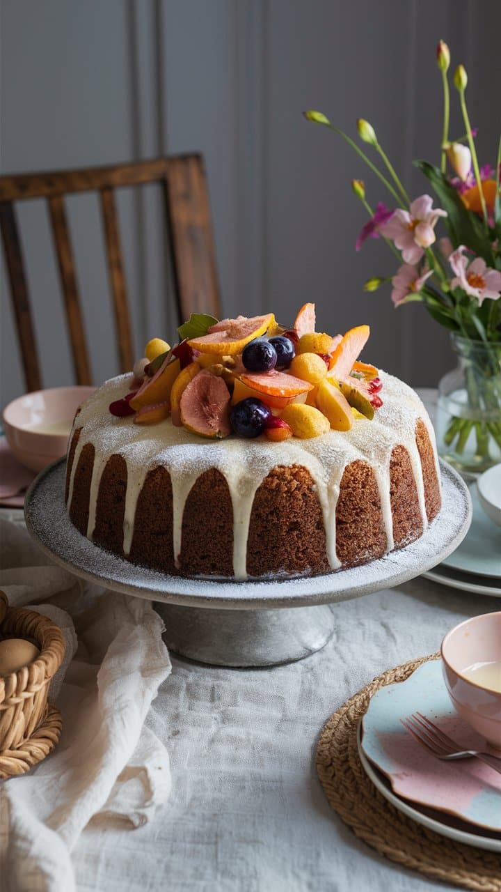 Gâteau au glaçage et fruits colorés.