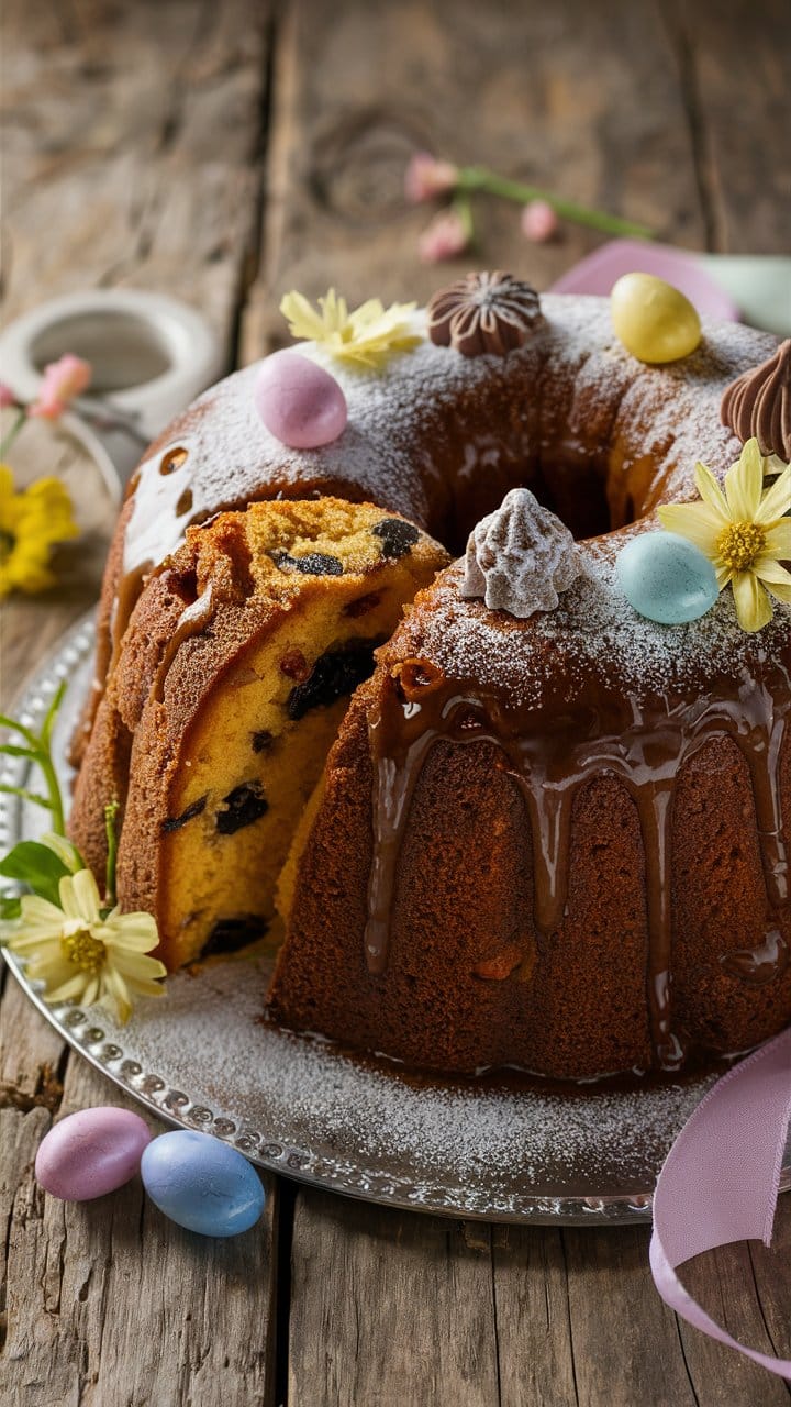 Gâteau de Pâques décoré avec œufs colorés.