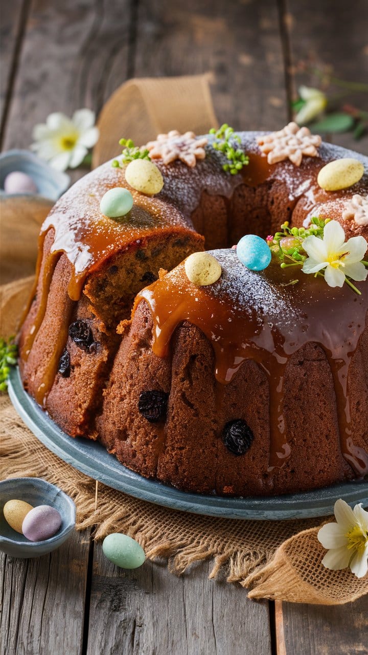 Gâteau caramel avec œufs de Pâques et fleurs.