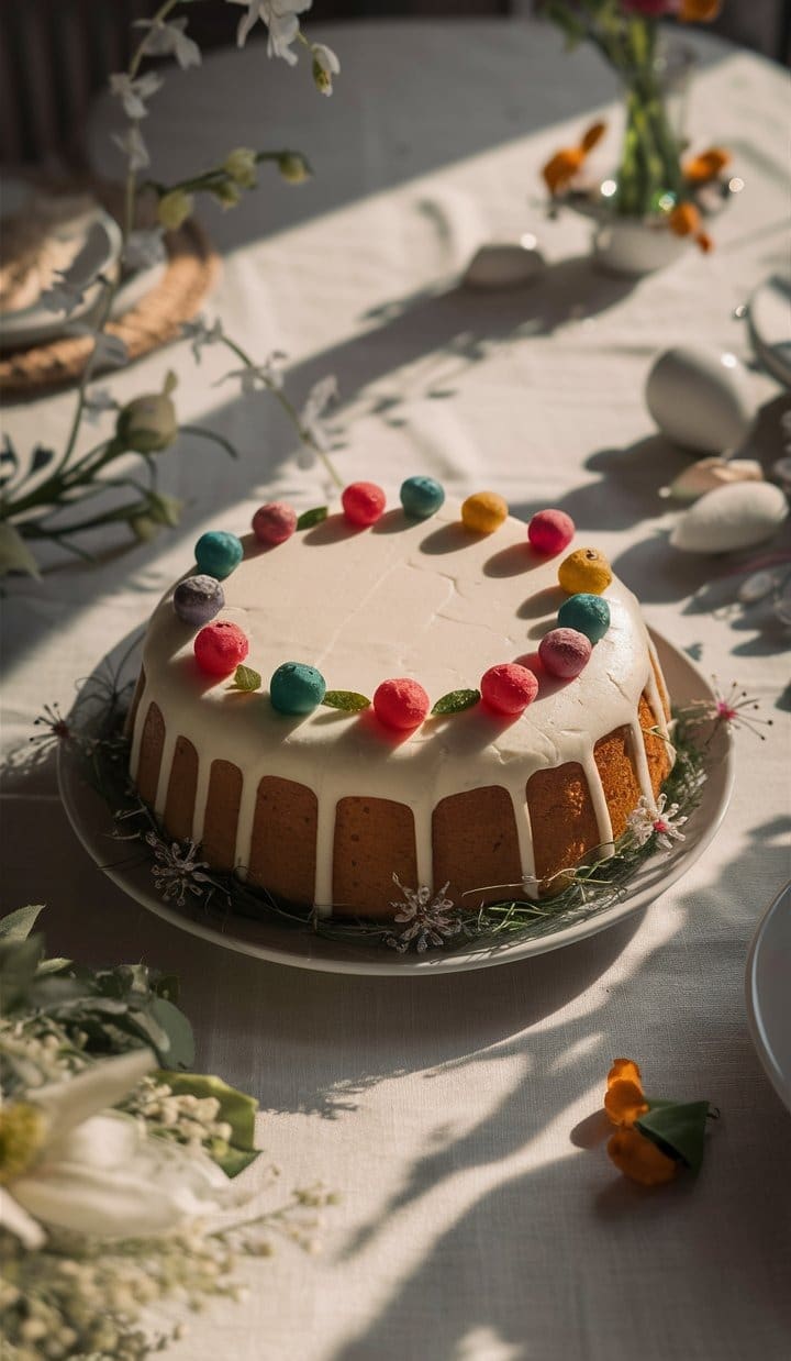 Gâteau glacé décoré de billes colorées sur table.