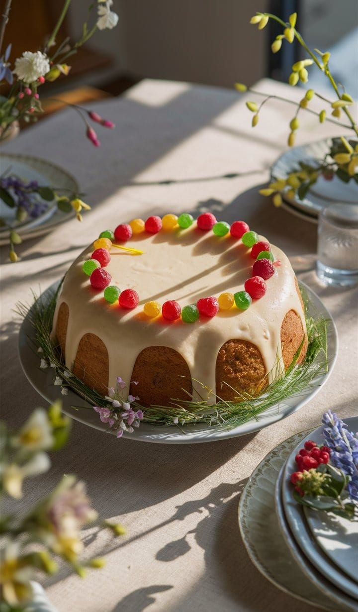 Gâteau glacé décoré avec bonbons colorés.