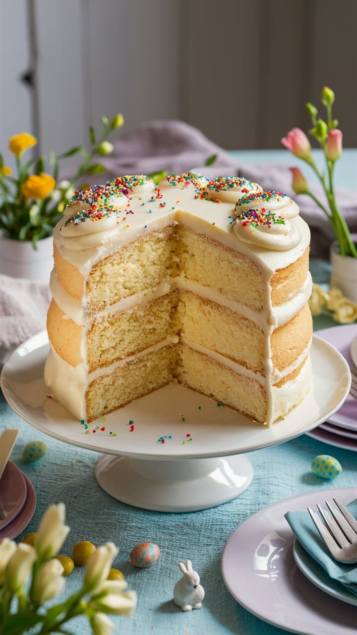 Gâteau vanille glacé à étages, décoré de confettis.