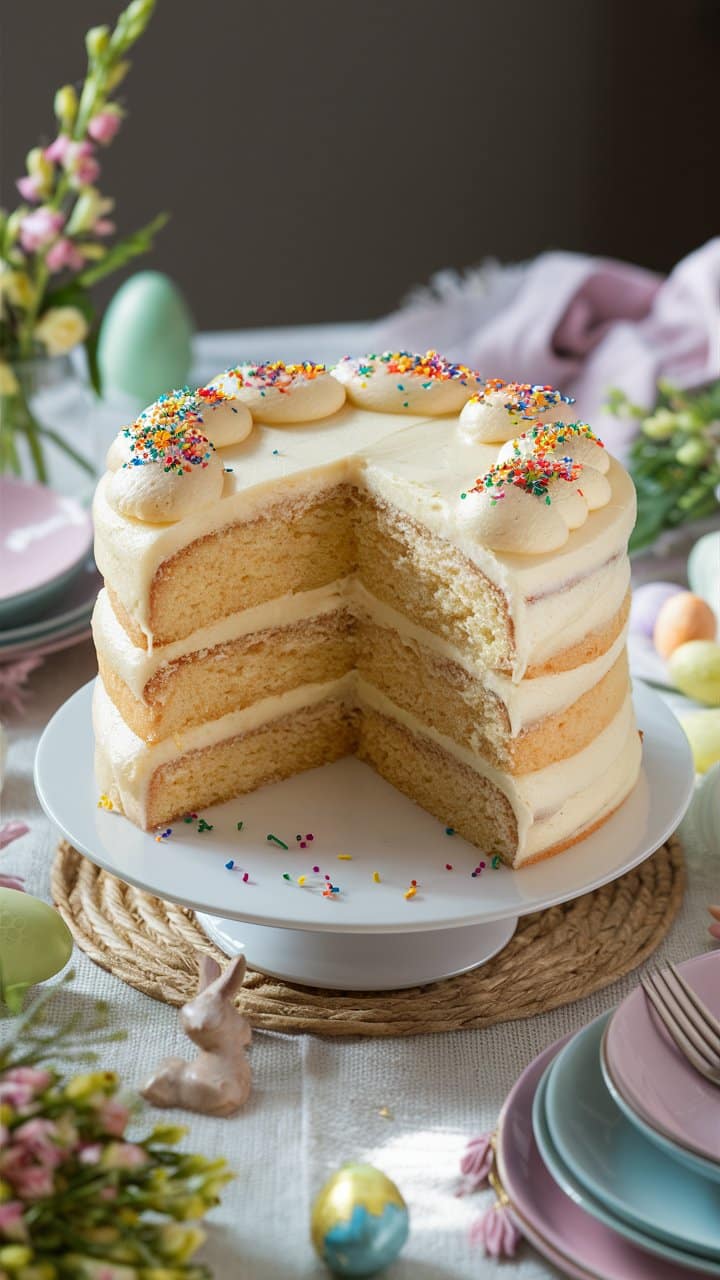 Gâteau à la vanille décoré, part retirée, ambiance festive.