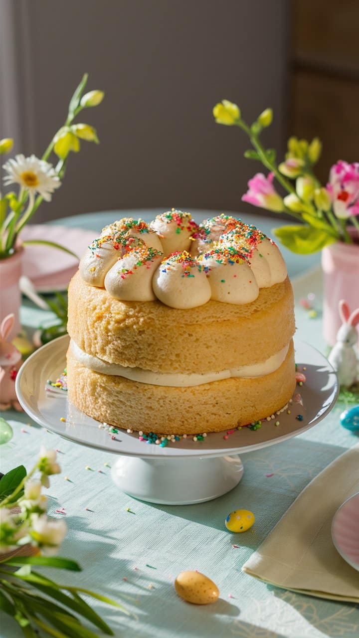Gâteau décoré avec crèmes et vermicelles colorés.