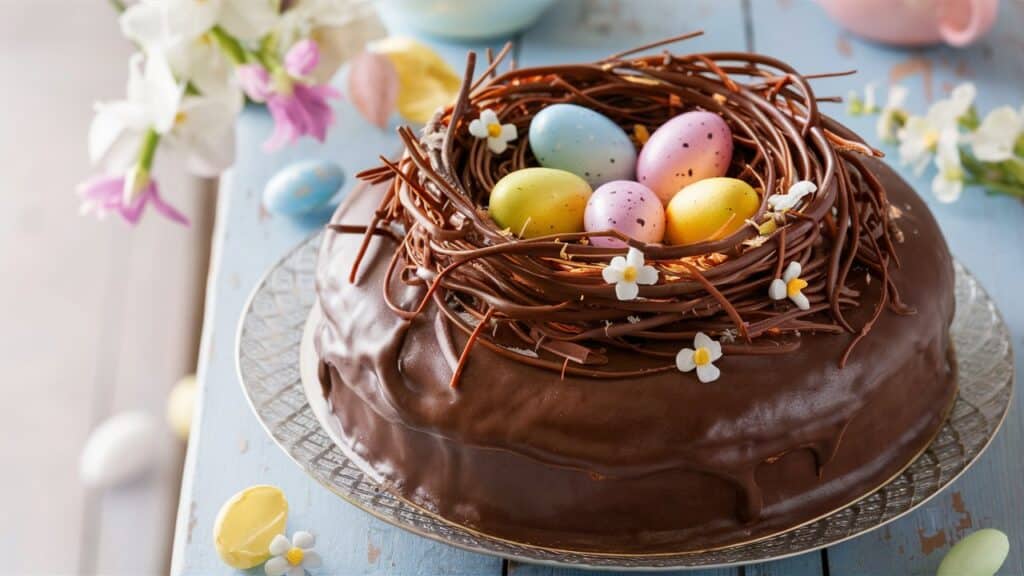 Gâteau chocolat avec œufs de Pâques colorés.
