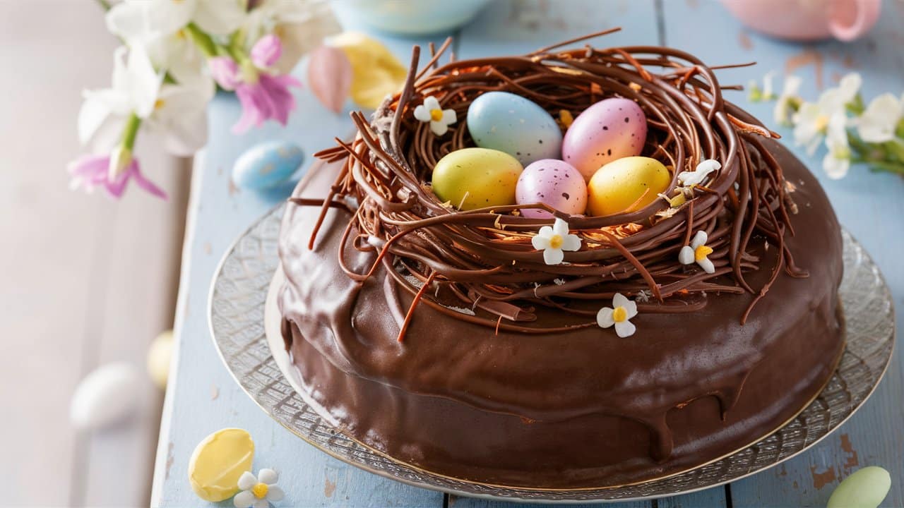 Gâteau chocolat avec œufs de Pâques colorés.