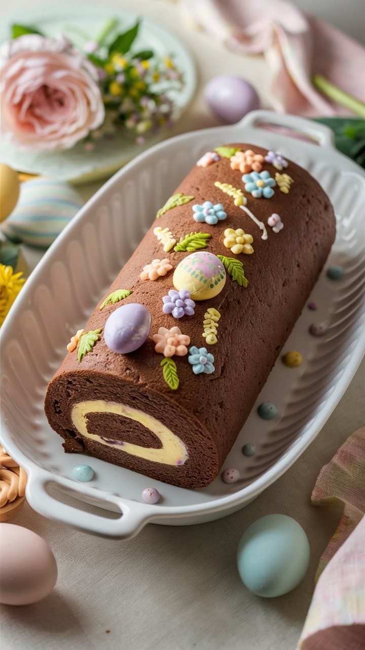 Bûche chocolat décorée pour Pâques, œufs et fleurs.