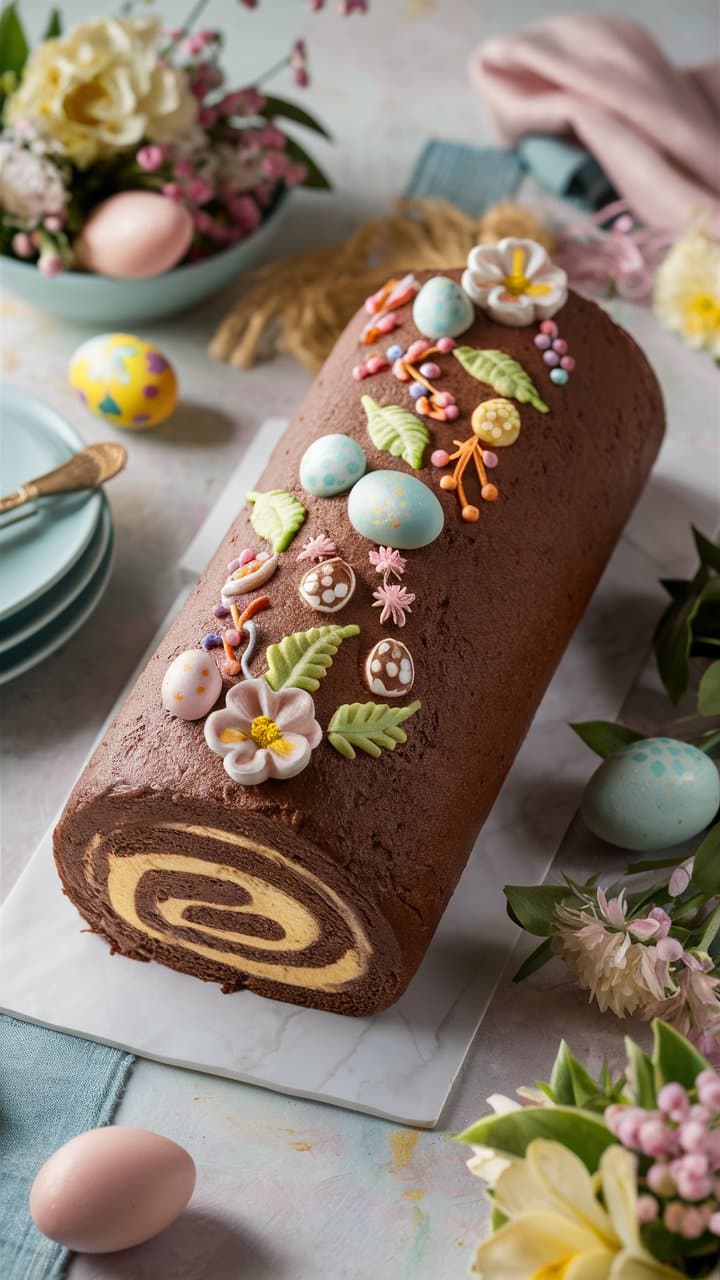 Bûche chocolat décorée de fleurs et œufs colorés.
