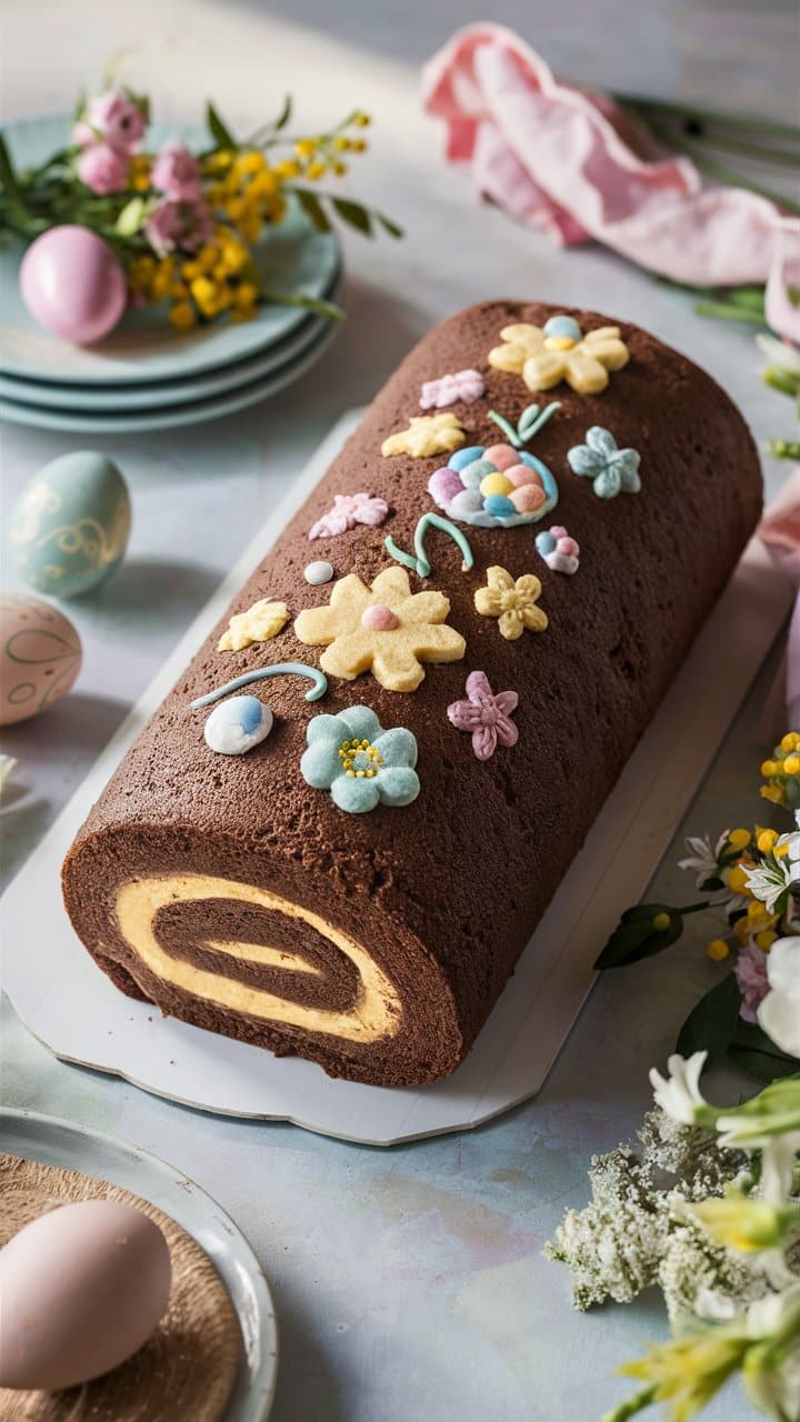 Gâteau roulé chocolat avec décorations florales.