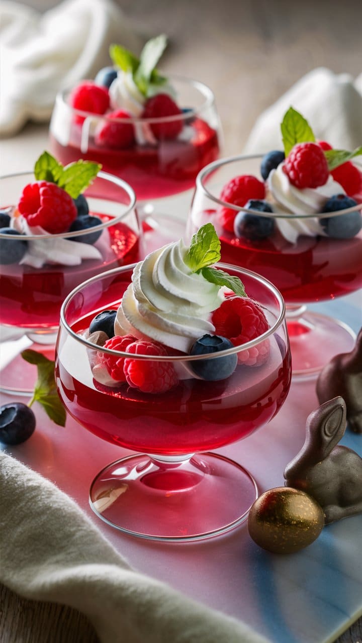 Coupes de gelée aux fruits rouges et chantilly.
