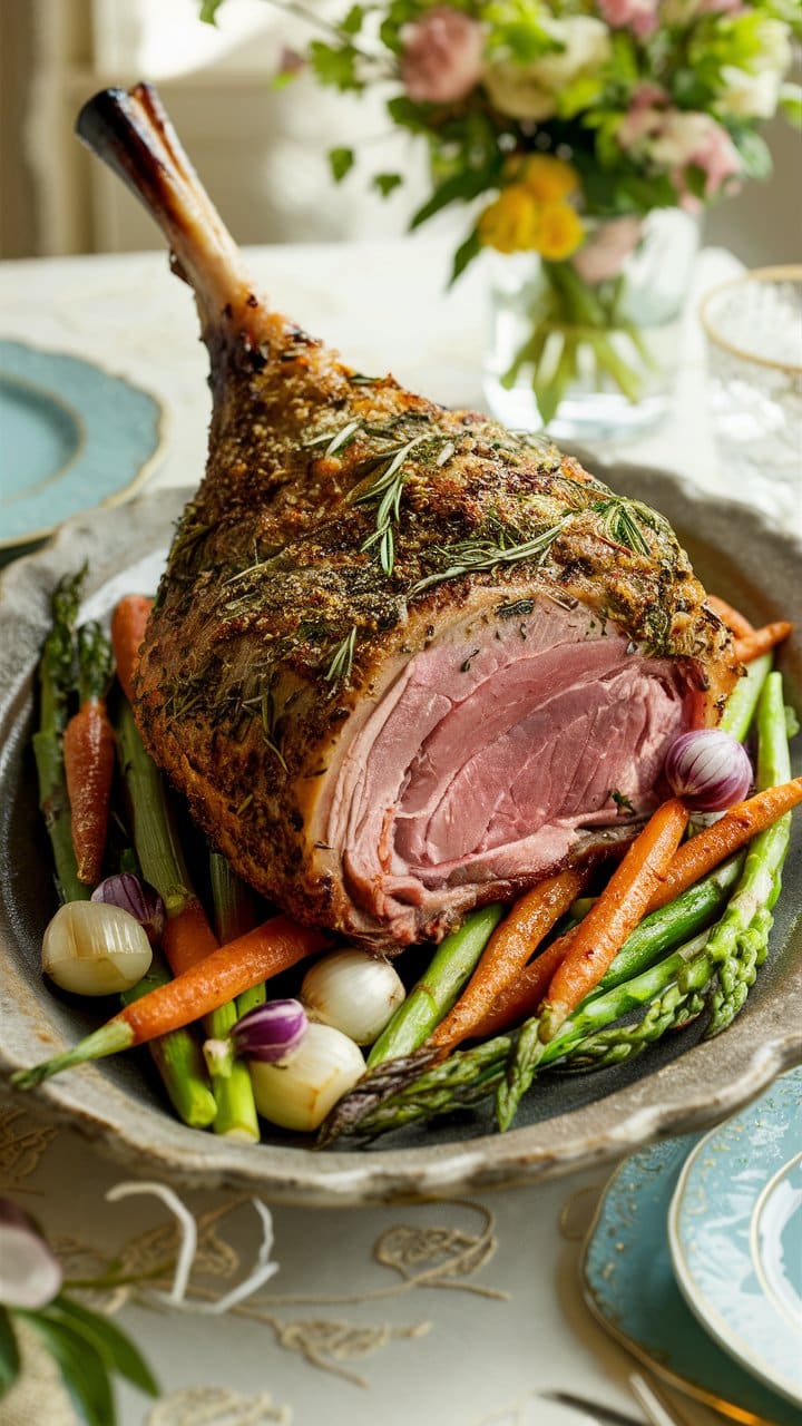 Gigot d'agneau rôti avec légumes de printemps.