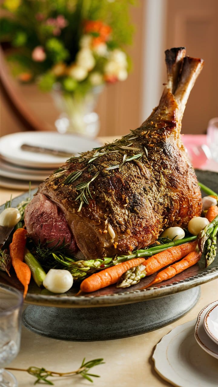 Gigot d'agneau rôti avec légumes autour