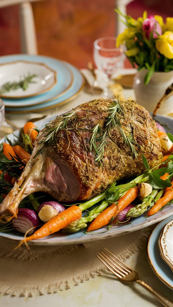 Gigot d'agneau rôti avec légumes colorés